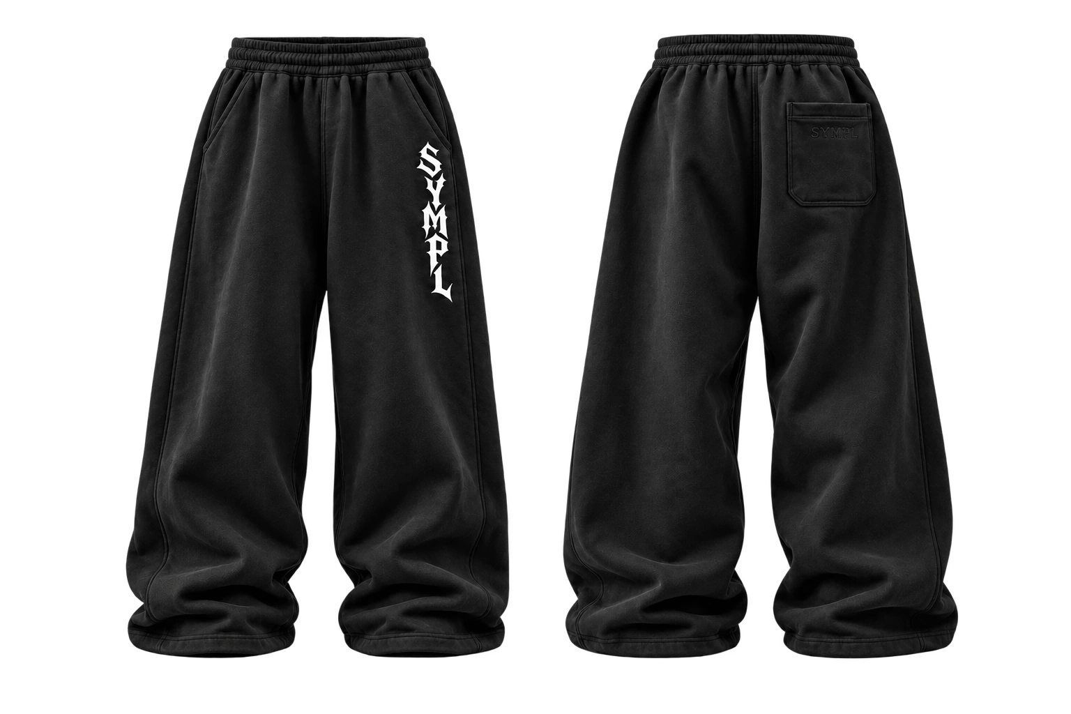 SYMPL FLEECE black baggy sweatpants with white lettering, front and back