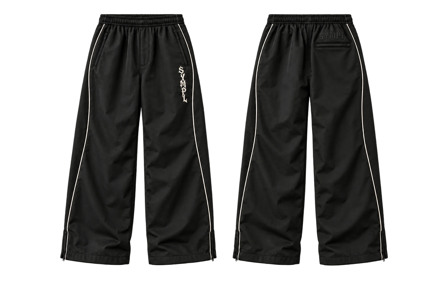 SYMPL TRACK black wide-leg trackpants with white piping, front and back